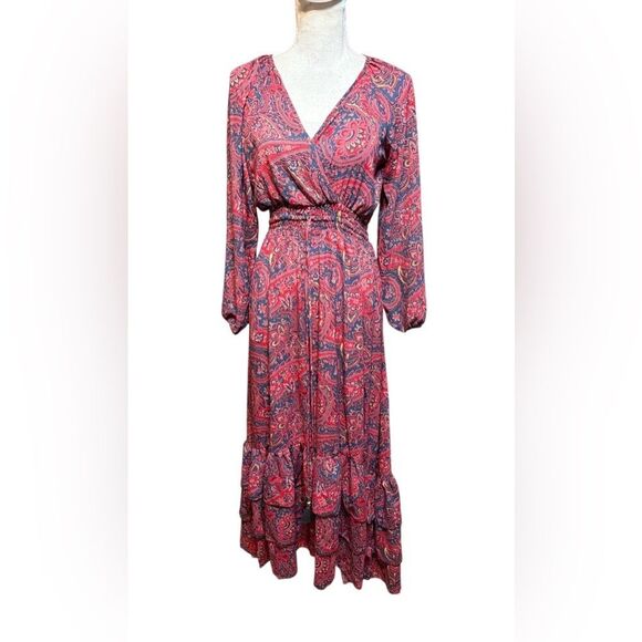 Anthropologie Boemo Maxi  Dress Pink Blue Paisley Size S Boho Tiered Smocked - Picture 1 of 4